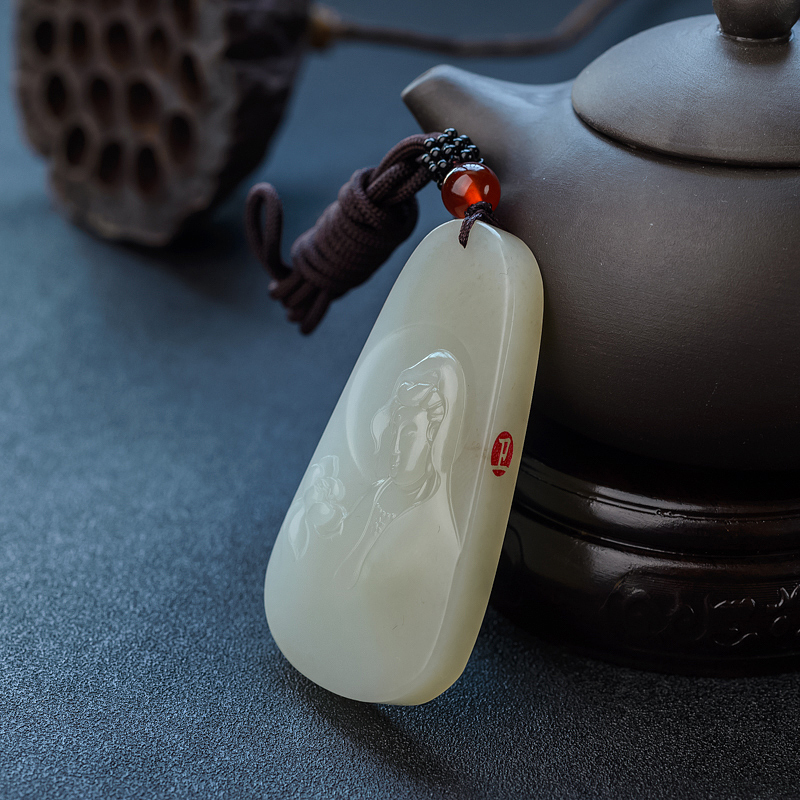 天然和田玉观音吊坠 - 红掌柜