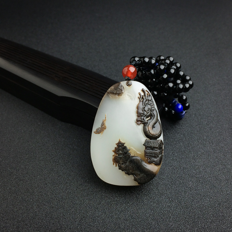 新疆天然和田玉山水意境吊坠 - 红掌柜