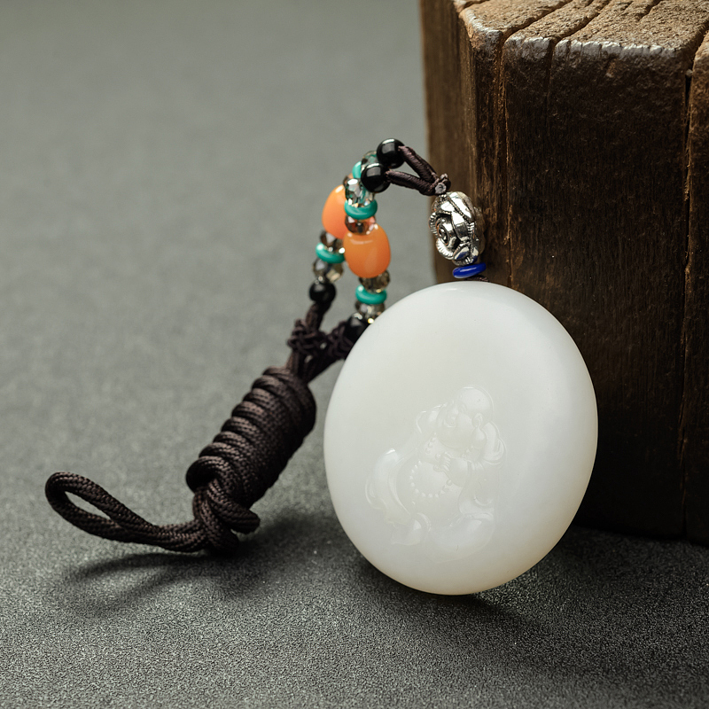 天然山料羊脂白和田玉弥勒佛吊坠 - 红掌柜