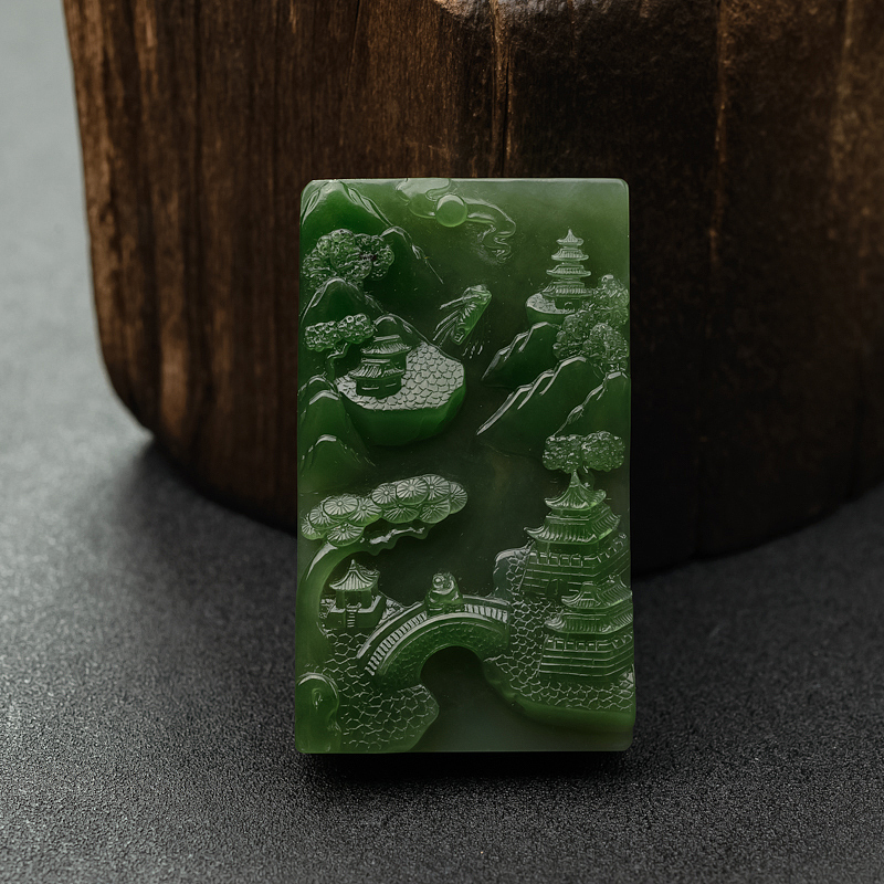 天然山料和田碧玉山水意境吊坠 - 红掌柜