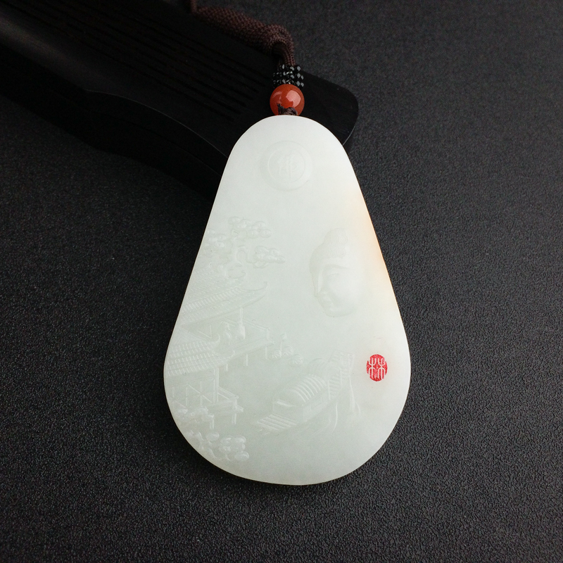 俄罗斯天然山料青白玉山水意境吊坠 - 红掌柜