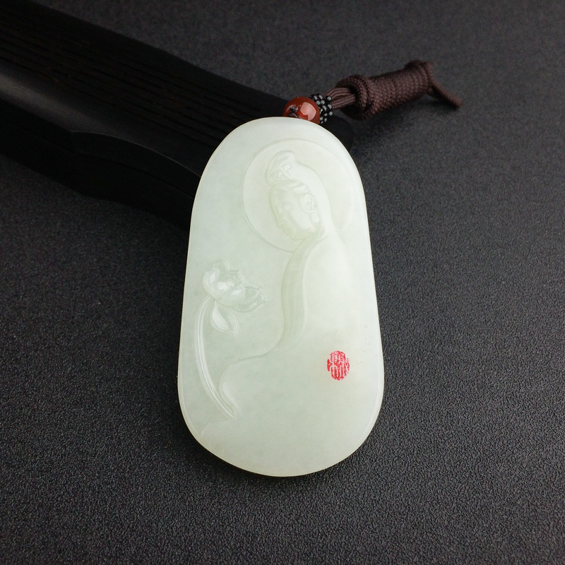 俄罗斯天然山料青白玉观音吊坠 - 红掌柜