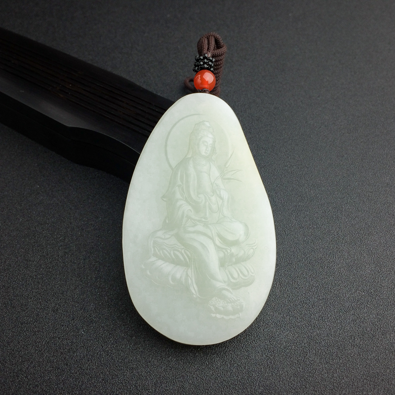 天然俄罗斯山料和田青白玉观音吊坠 - 红掌柜