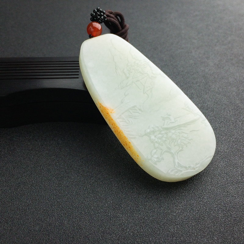 俄罗斯山料和田青白玉山水意境吊坠 - 红掌柜