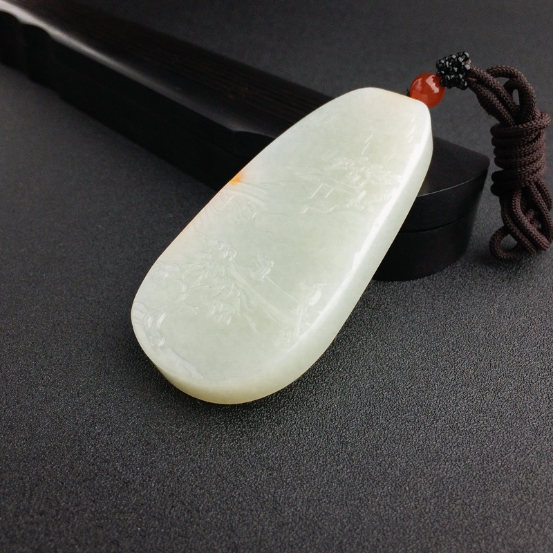 山料和田青白玉山水意境吊坠 - 红掌柜