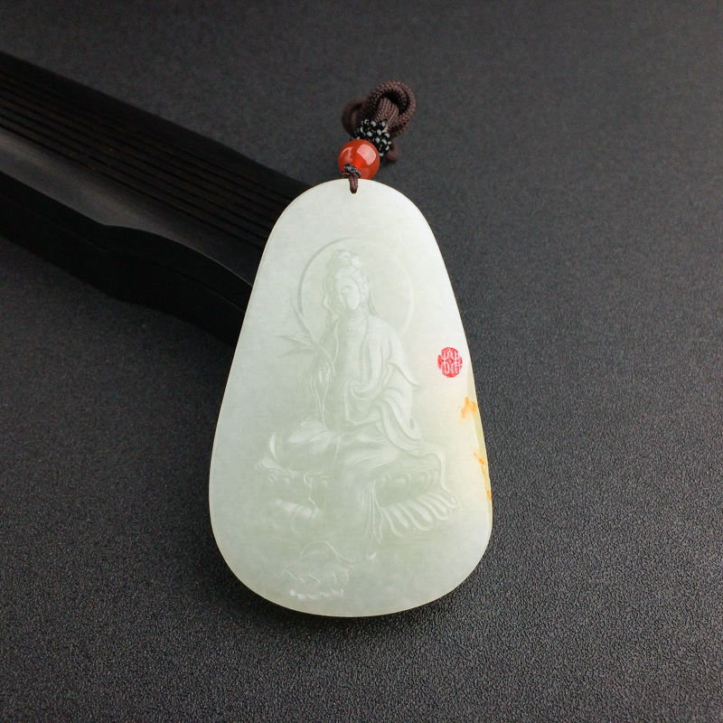 天然俄罗斯山料和田青白玉观音吊坠 - 红掌柜