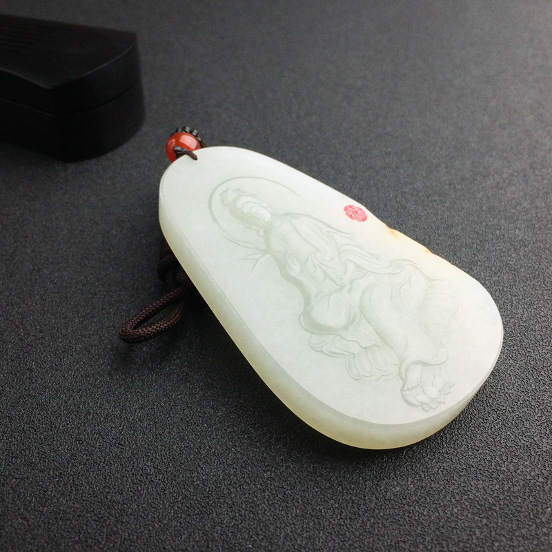 天然和田青白玉观音吊坠 - 红掌柜