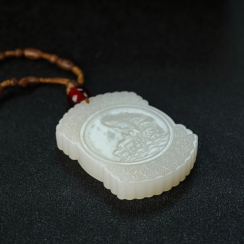 新疆山料和田白玉鱼跃龙门吊坠 - 红掌柜