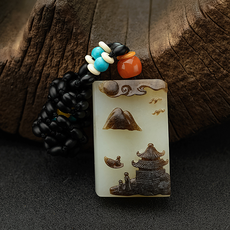 俏色和田玉山料山水意境吊坠 - 红掌柜