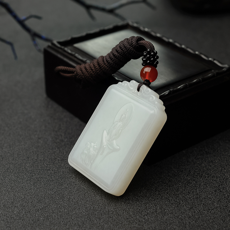 和田羊脂白玉山料文殊菩萨吊坠-红掌柜