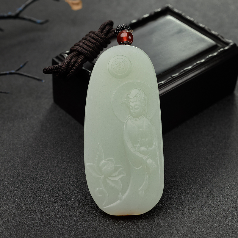 新疆和田青白玉山流水料观音吊坠 - 红掌柜