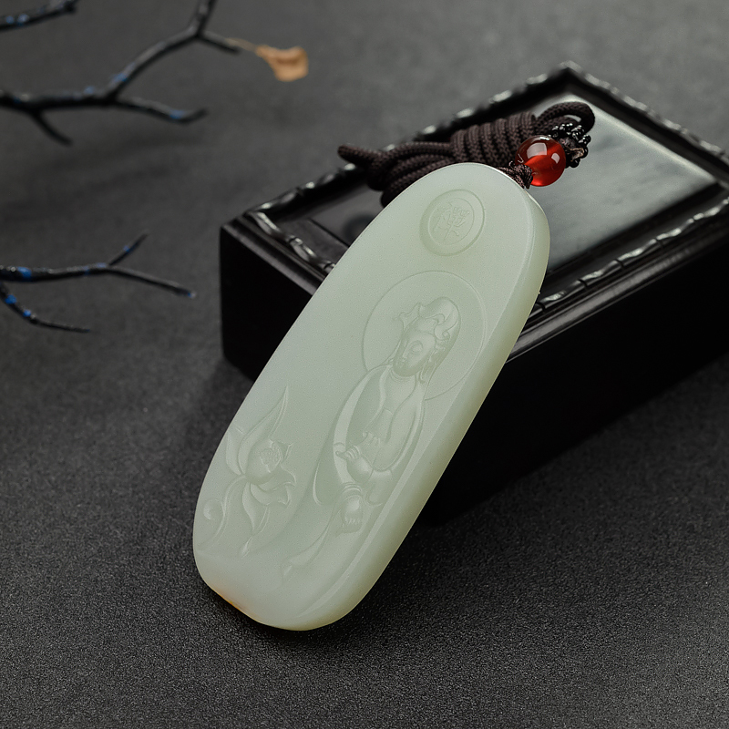 和田青白玉山流水料观音吊坠 - 红掌柜