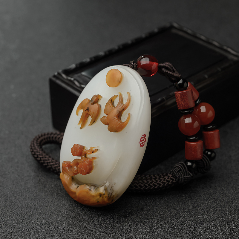 俏色和田玉籽料比翼双飞手把件-红掌柜