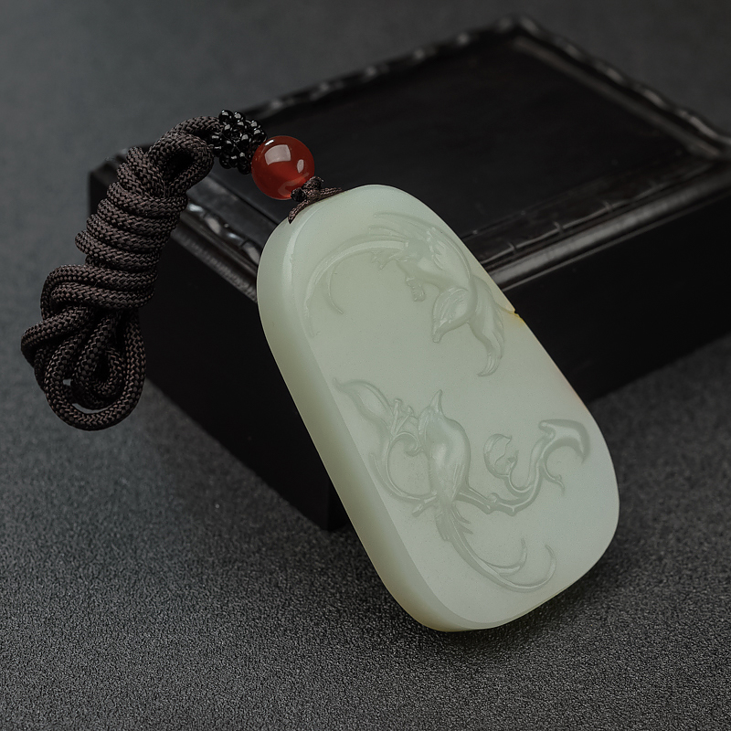 青白玉山流水料双喜临门吊坠-红掌柜