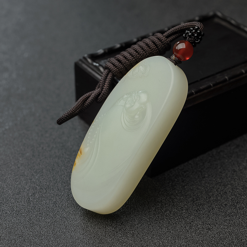 和田青白玉山流水料弥勒佛吊坠-红掌柜