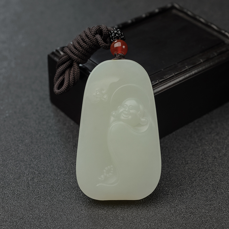 新疆和田青白玉山流水料弥勒佛吊坠-红掌柜