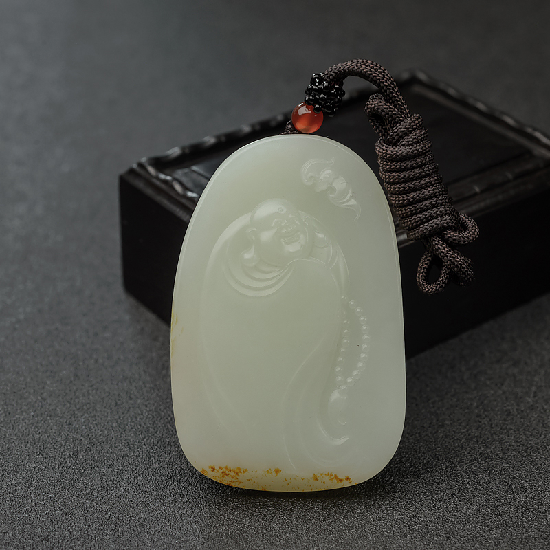 新疆和田青白玉山流水料弥勒佛吊坠-红掌柜