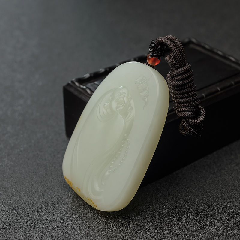 和田青白玉山流水料弥勒佛吊坠-红掌柜