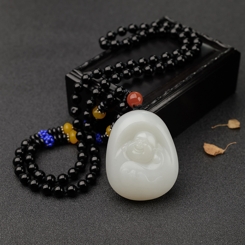 新疆山料和田羊脂玉弥勒佛吊坠-红掌柜