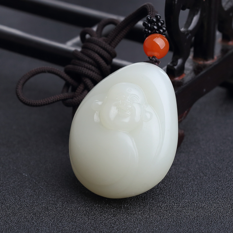 和田羊脂白玉山料弥勒佛吊坠-红掌柜