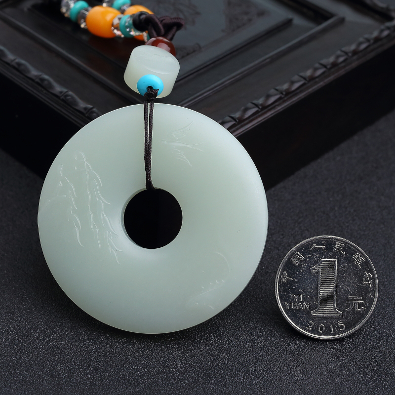 天然新疆青白玉山料连年有余平安扣吊坠-红掌柜