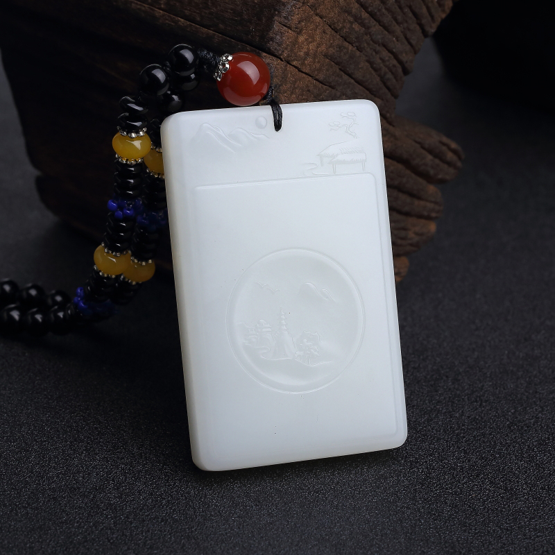 山料和田白玉山水意境牌吊坠-红掌柜