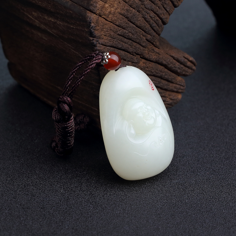 山料和田羊脂白玉弥勒佛吊坠-红掌柜