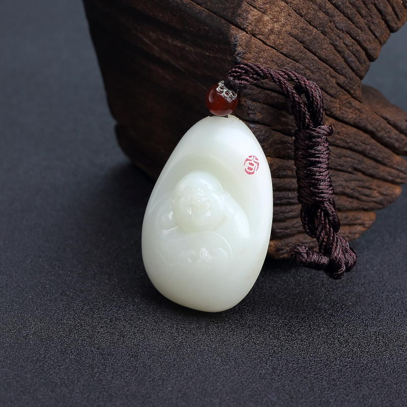天然和田羊脂白玉弥勒佛吊坠-红掌柜