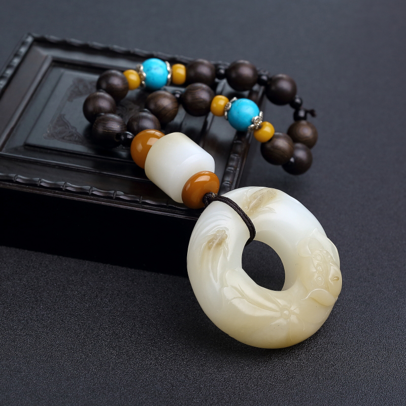 和田羊脂白玉连年有余平安扣手把件-红掌柜