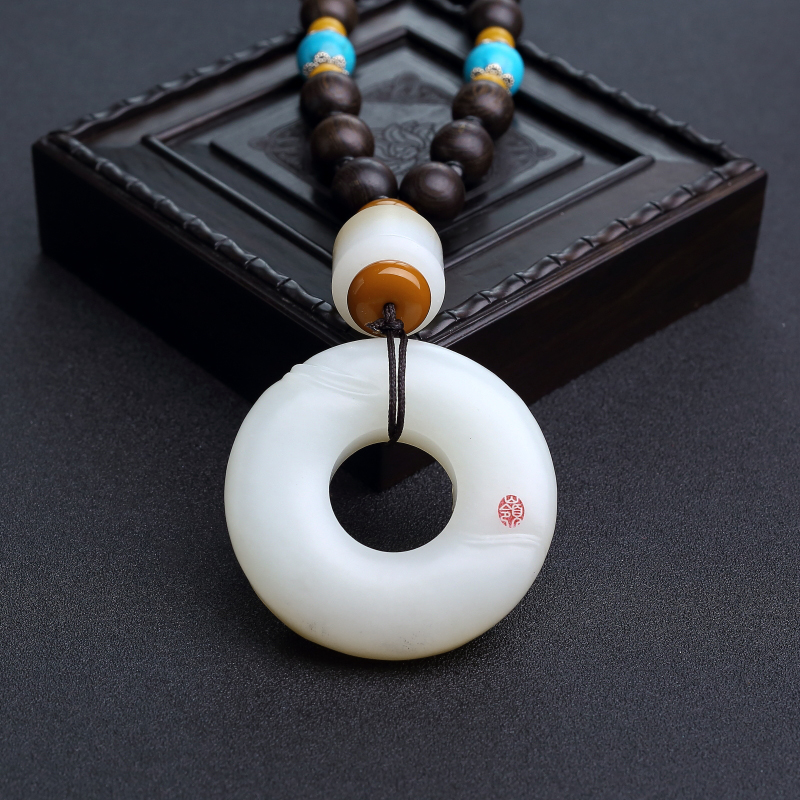 山料和田羊脂白玉平安扣手把件-红掌柜