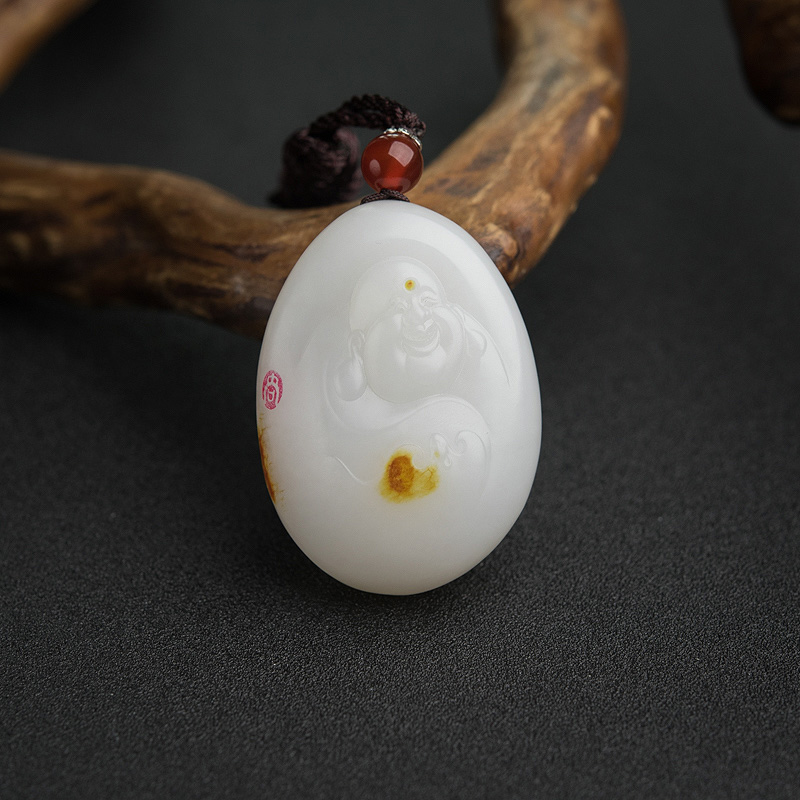 山料和田白玉弥勒佛吊坠-红掌柜