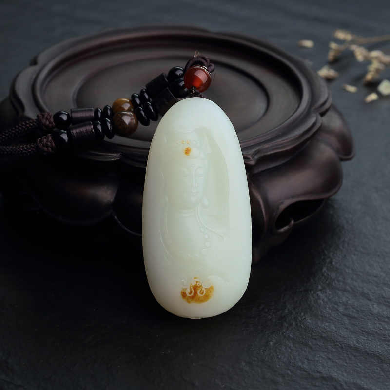 天然山料和田羊脂白玉观音吊坠-红掌柜
