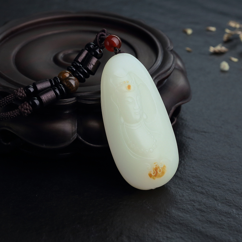 山料和田羊脂白玉观音吊坠-红掌柜