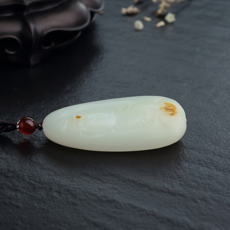 天然山料和田羊脂白玉吊坠-红掌柜