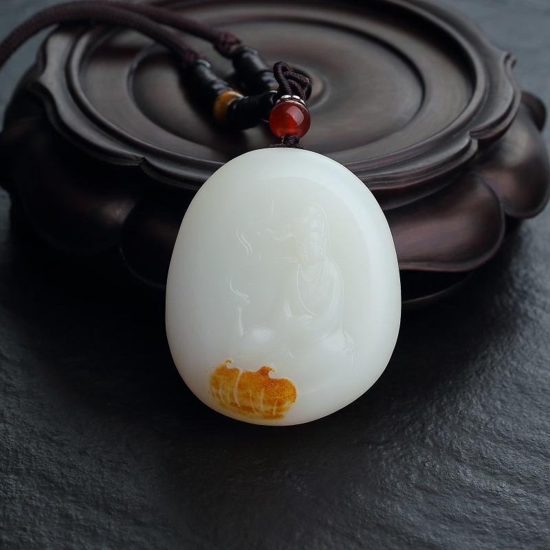 山料天然和田羊脂白玉观音吊坠-红掌柜