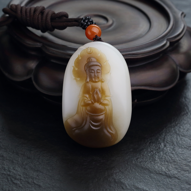 天然山料俏色和田玉观音吊坠-红掌柜