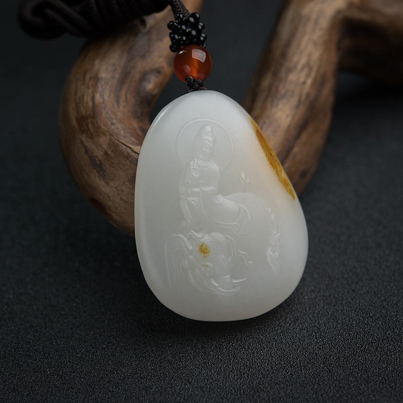 和田羊脂白玉普贤菩萨吊坠-红掌柜