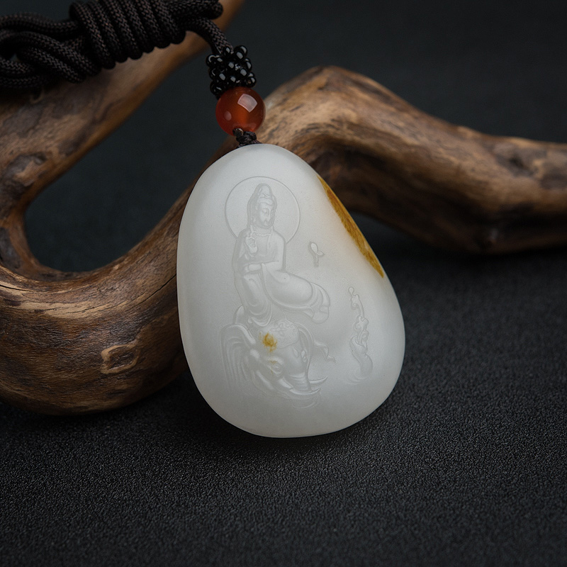 天然和田羊脂白玉普贤菩萨吊坠-红掌柜