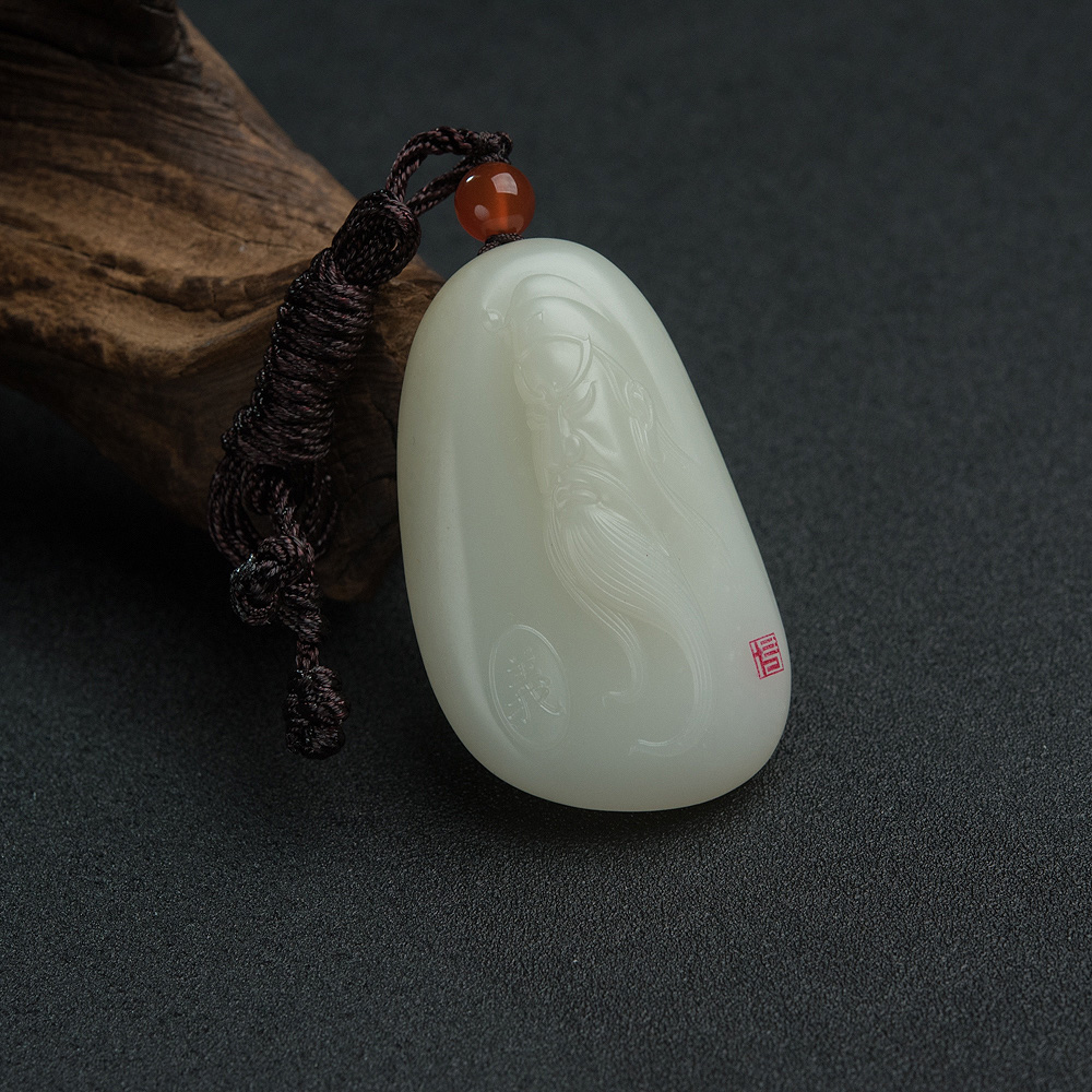 和田羊脂白玉关公吊坠-红掌柜