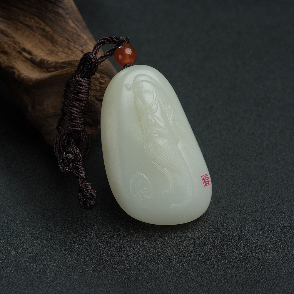 新疆和田羊脂白玉关公吊坠-红掌柜