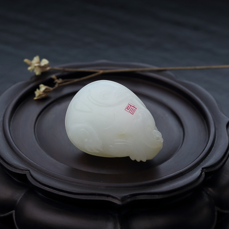 新疆天然和田羊脂白玉龙龟吊坠-红掌柜