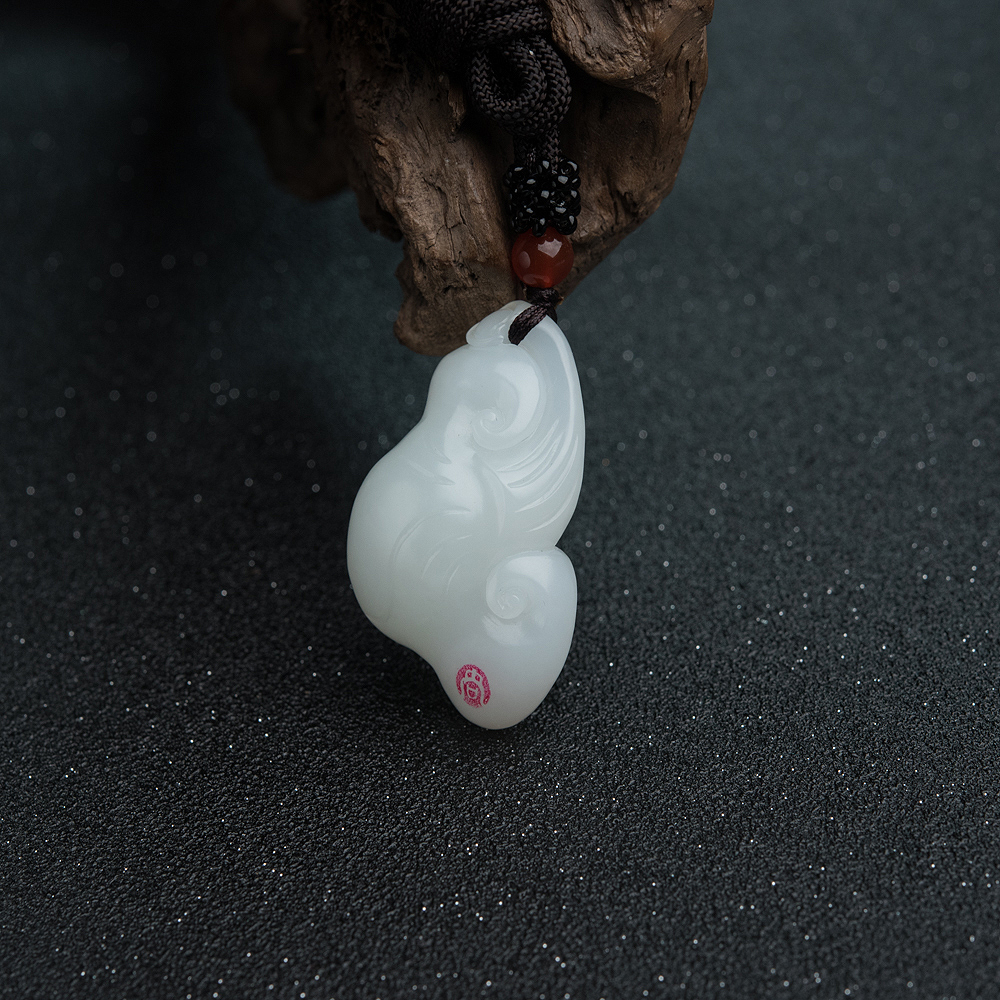 天然和田羊脂白玉如意吊坠-红掌柜