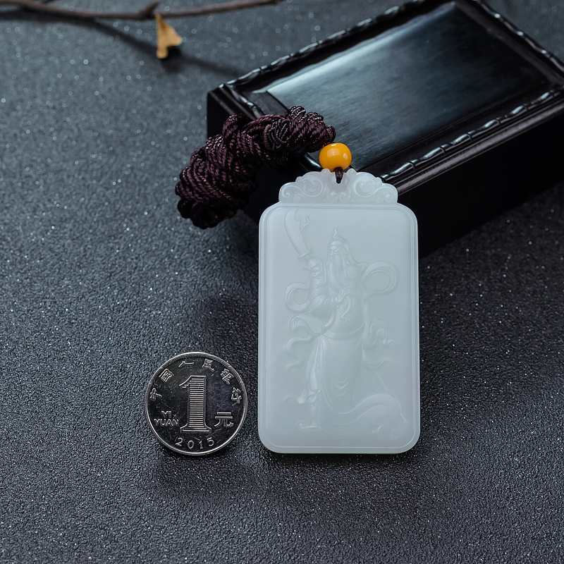 俄罗斯天然和田玉关公吊坠-红掌柜