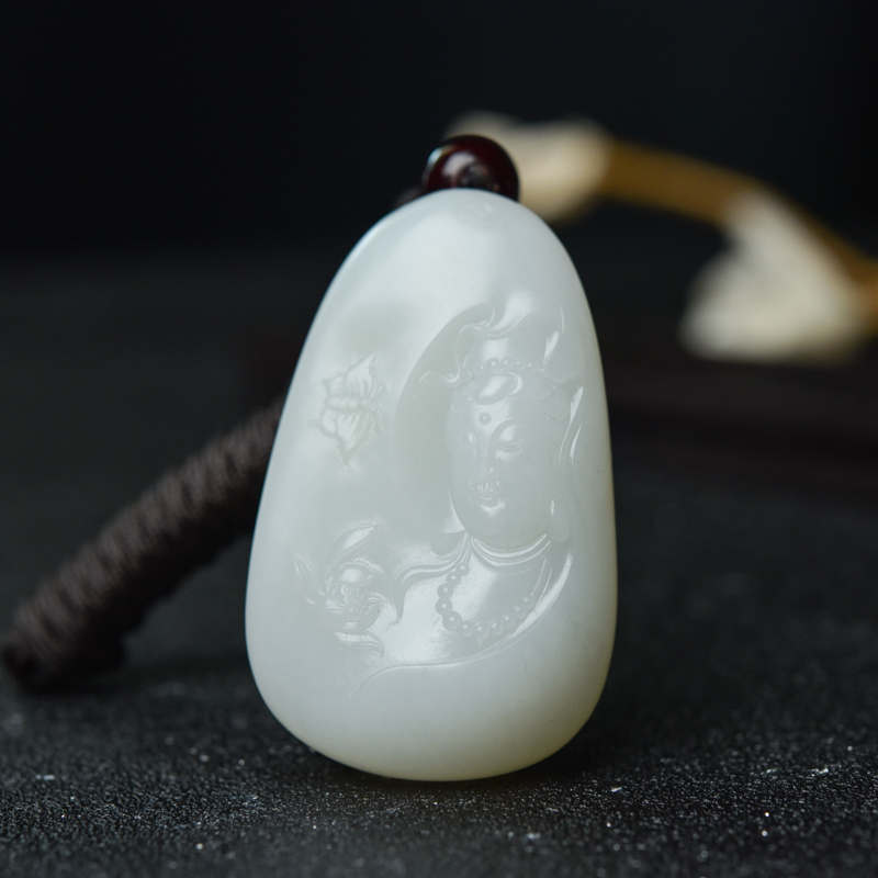 山料和田羊脂白玉观音吊坠-红掌柜