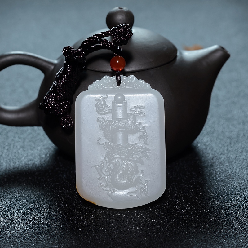 俄料天然山料和田羊脂白玉龙牌吊坠-红掌柜