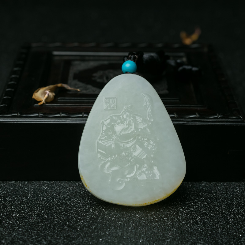 新疆天然山料和田青白玉关公吊坠-红掌柜