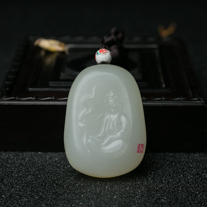新疆天然山料和田羊脂白玉观音吊坠-红掌柜