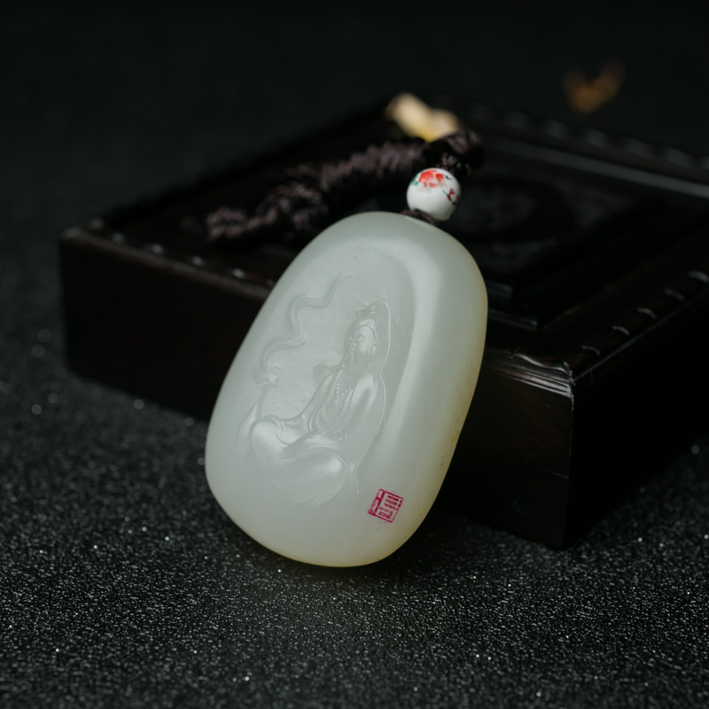 天然山料和田羊脂白玉观音吊坠-红掌柜