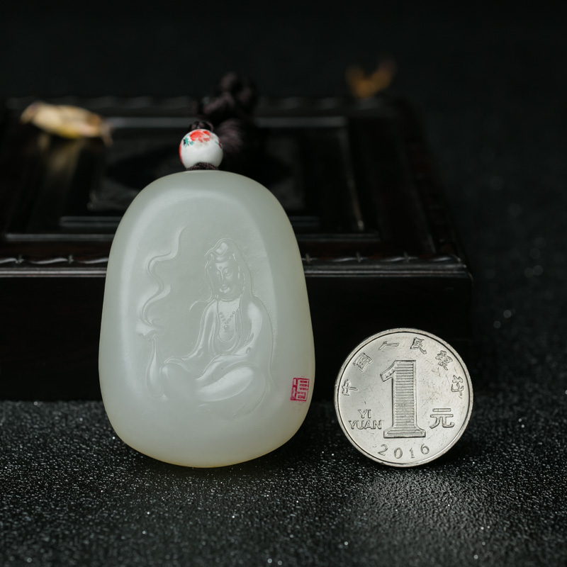 和田羊脂白玉观音吊坠-红掌柜