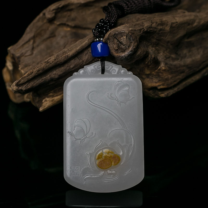 山流水料羊脂白玉蝶恋花吊坠-红掌柜